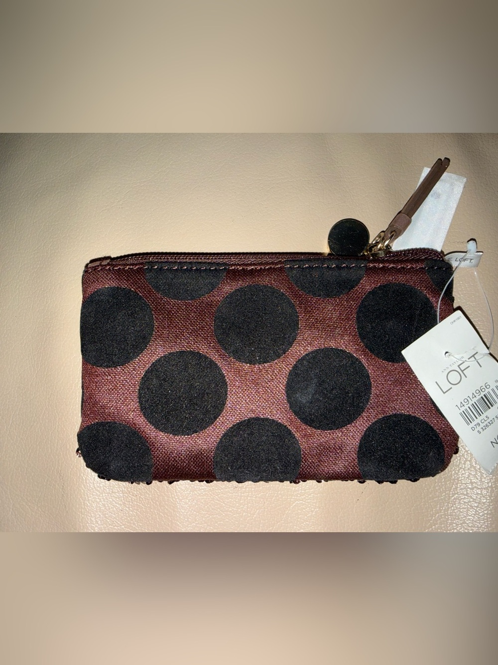 LOFT Brown Wristlet with Black Polka Dots